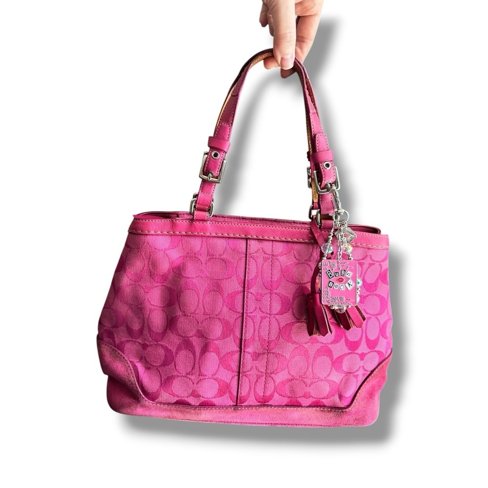Vtg Y2K Coach Hampton Signature Hot Pink Shoulder Bag Suede Barbiecore 2004